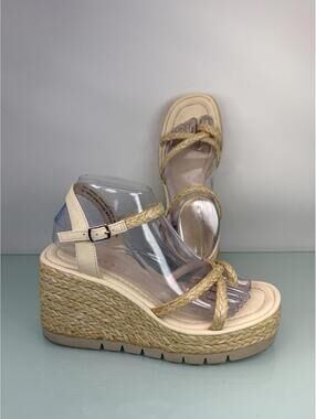 Madden Girl 7.5 Vault Raffia Platform Wedge Sandals Cream Strappy Espadrille